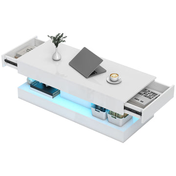 Salontafel met 2 lades en LED-verlichting | Kleur: Wit | Afmetingen: 120x50x42 cm