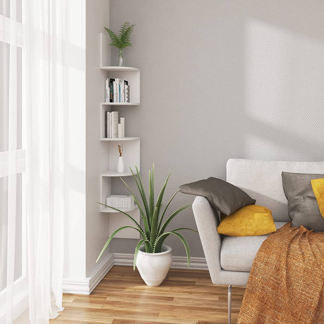 Eckwandregal mit 5 Ablagen für Bücher, CDs und DVDs | Weiß | 25x156x25 cm