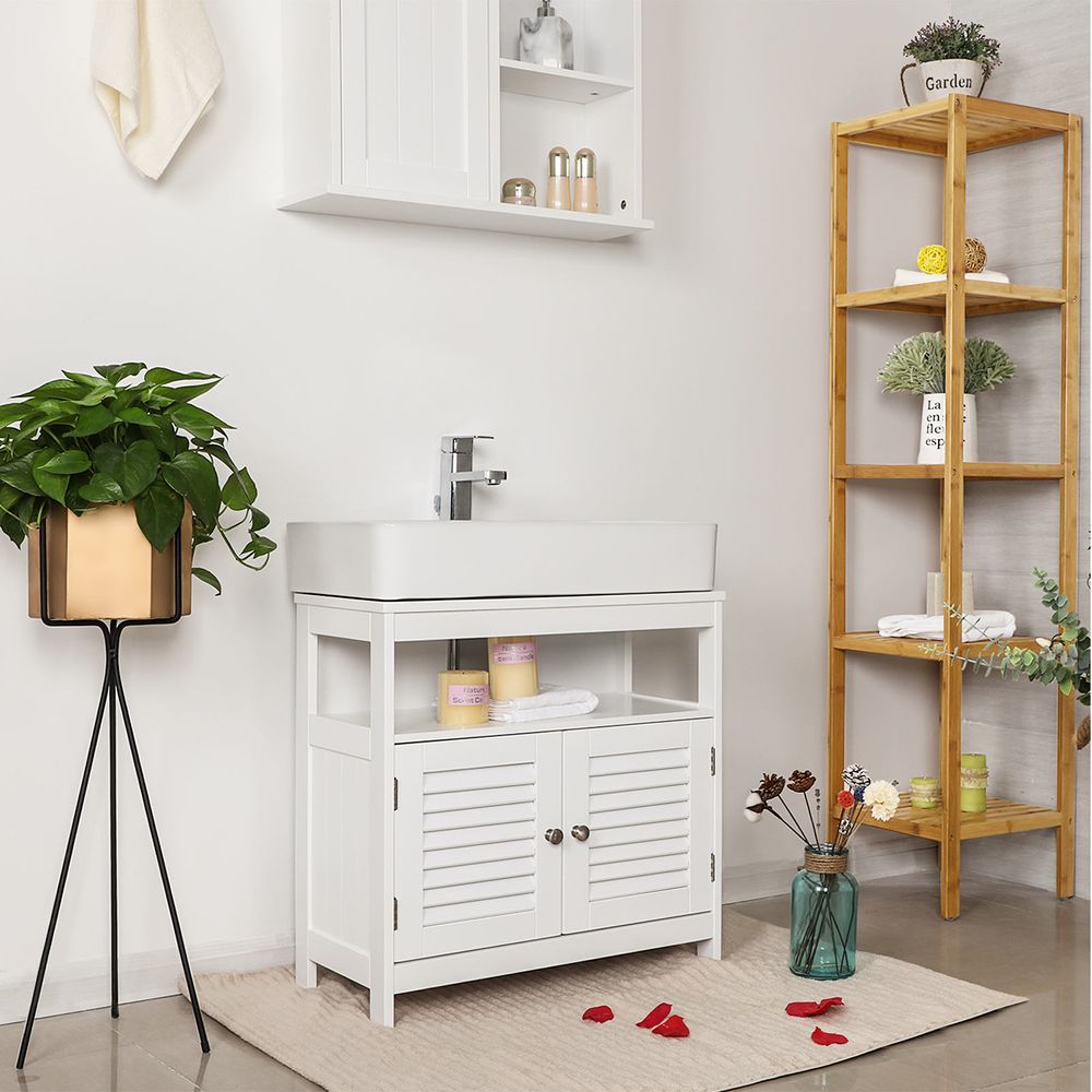Wastafelonderkast met lamellendeuren, MDF, wit, 60 x 60 x 30 cm (B x H x D)