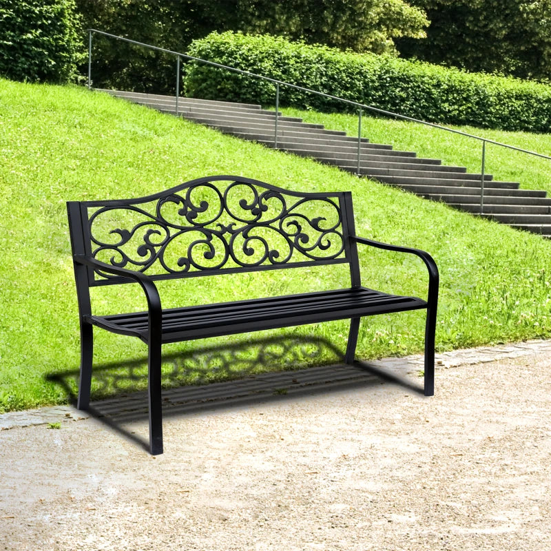 Gartenbank 3-Sitzer mit verschnörkelter Rückenlehne | Farbe: Schwarz | Abmessungen: 127x60x89 cm