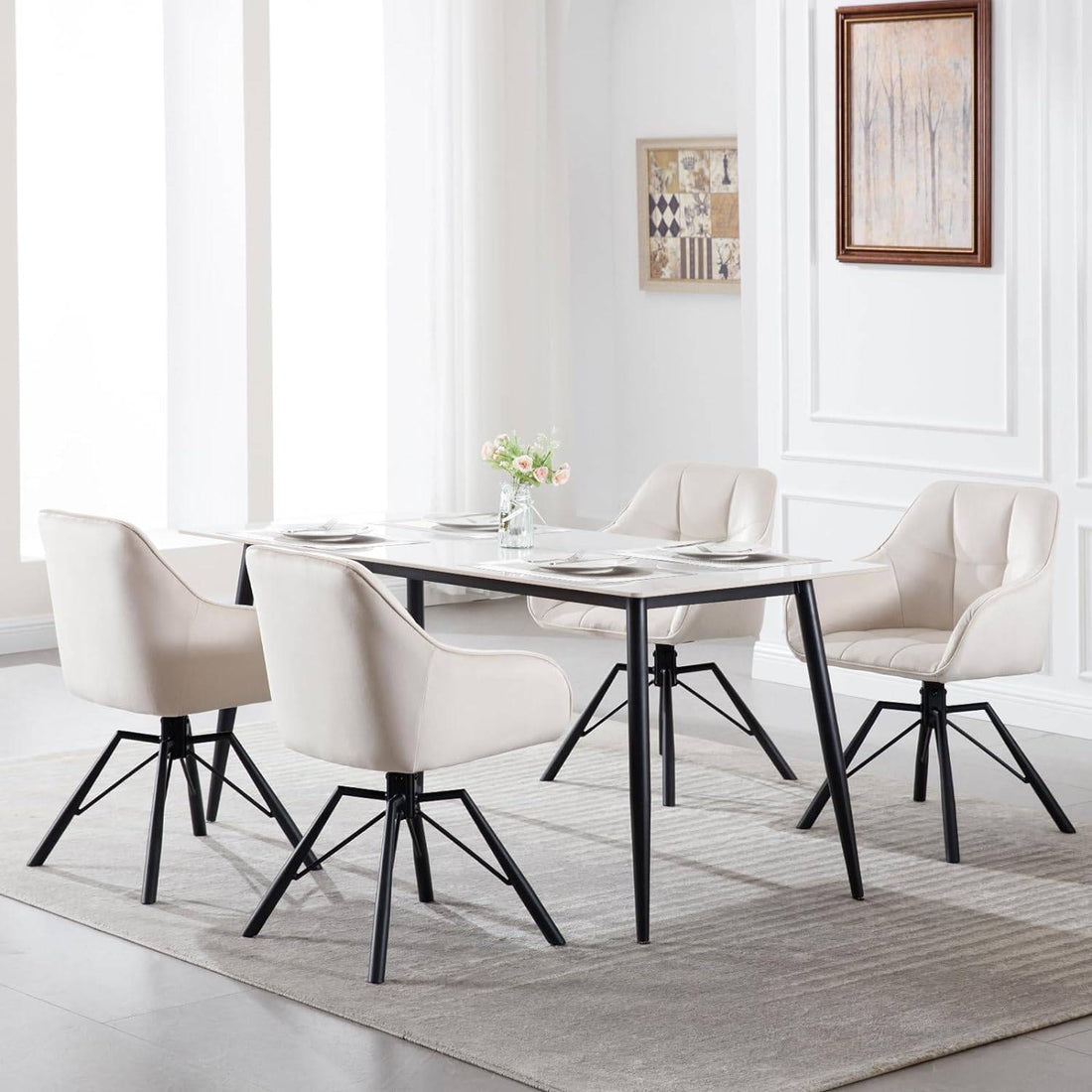 Drehbare Esszimmerstühle mit Armlehnen 4er-Set | Creme | 58,5x54,5x82,5 cm