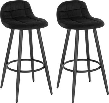 Set van 2 fluwelen barkrukken met rugleuning en voetsteun | Zwart | 39x31x84 cm