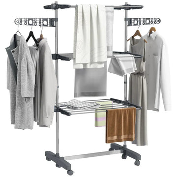 Opvouwbaar kledingrek met wielen - Droogrek | Kleur: Grijs | Afmetingen: 55x142x152 cm
