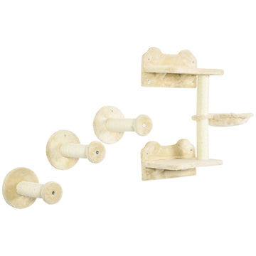 Kattenklimwand met krabpaal en hangmat - 4-delig | Kleur: Beige/roomwit | Afmetingen: 28x40x73 cm