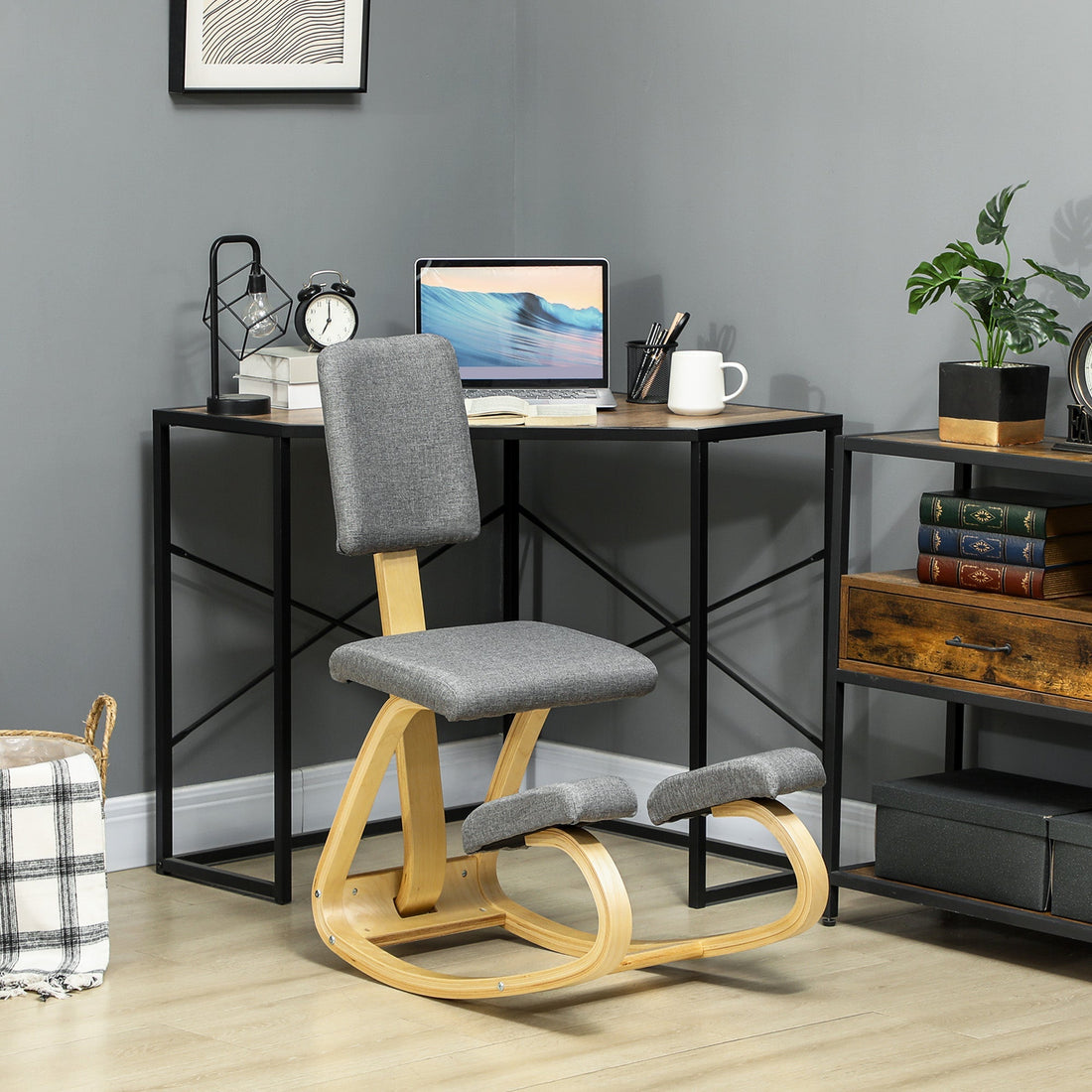 Ergonomische kniestoel met rugleuning | Kleur: Grijs, bruin | Afmetingen: 84x51x93 cm
