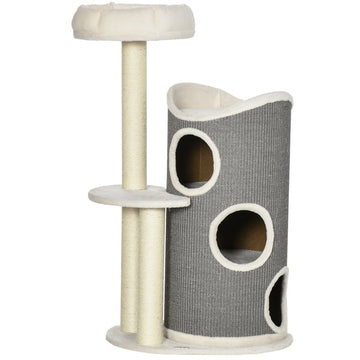 Kattenkrabpaal met krabton en mand | Kleur: Wit+Grijs | Afmetingen: 44,5x60x109 cm
