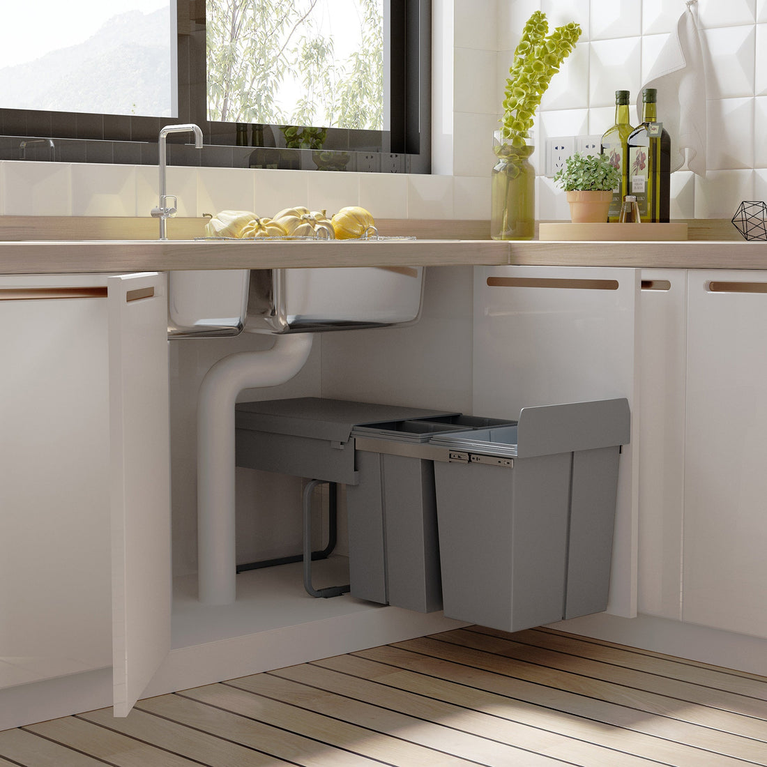 Inbyggd avfallshink 40L - 3 behållare med skensystem | Färg: Grå | Mått: 34.2x48x41.8 cm