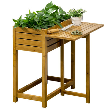 Verhoogde plantenbak met opklapbare werktafel | Kleur: Bruin | Afmetingen: 63x64x74.5 cm