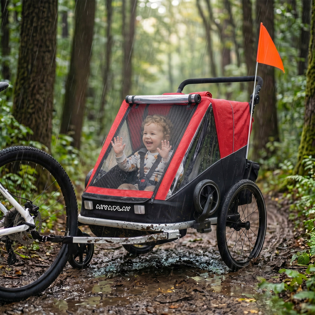 2-in-1 kinderfietskar voor 2 kinderen | Kleur: Rood | Afmetingen: 82x155x102 cm