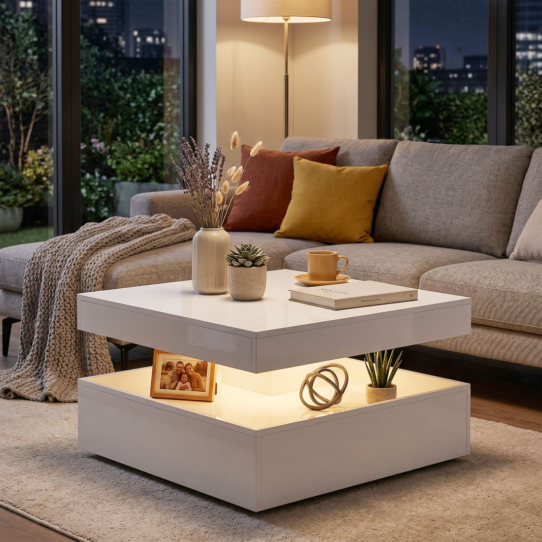 LED salontafel met opbergruimte | Kleur: Hoogglanswit | Afmetingen: 78x78x40 cm
