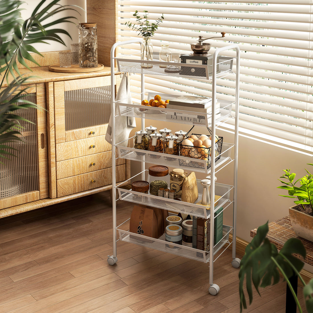 Keuken trolley met 5 draadmanden en 4 haken | Kleur: Wit | Afmetingen: 26,5x45x106 cm