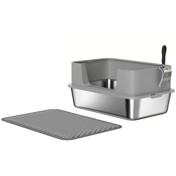 RVS kattenbak met hoge rand, schep en mat | Kleur: Grijs | Afmetingen: 40,2x60,2x29,5 cm