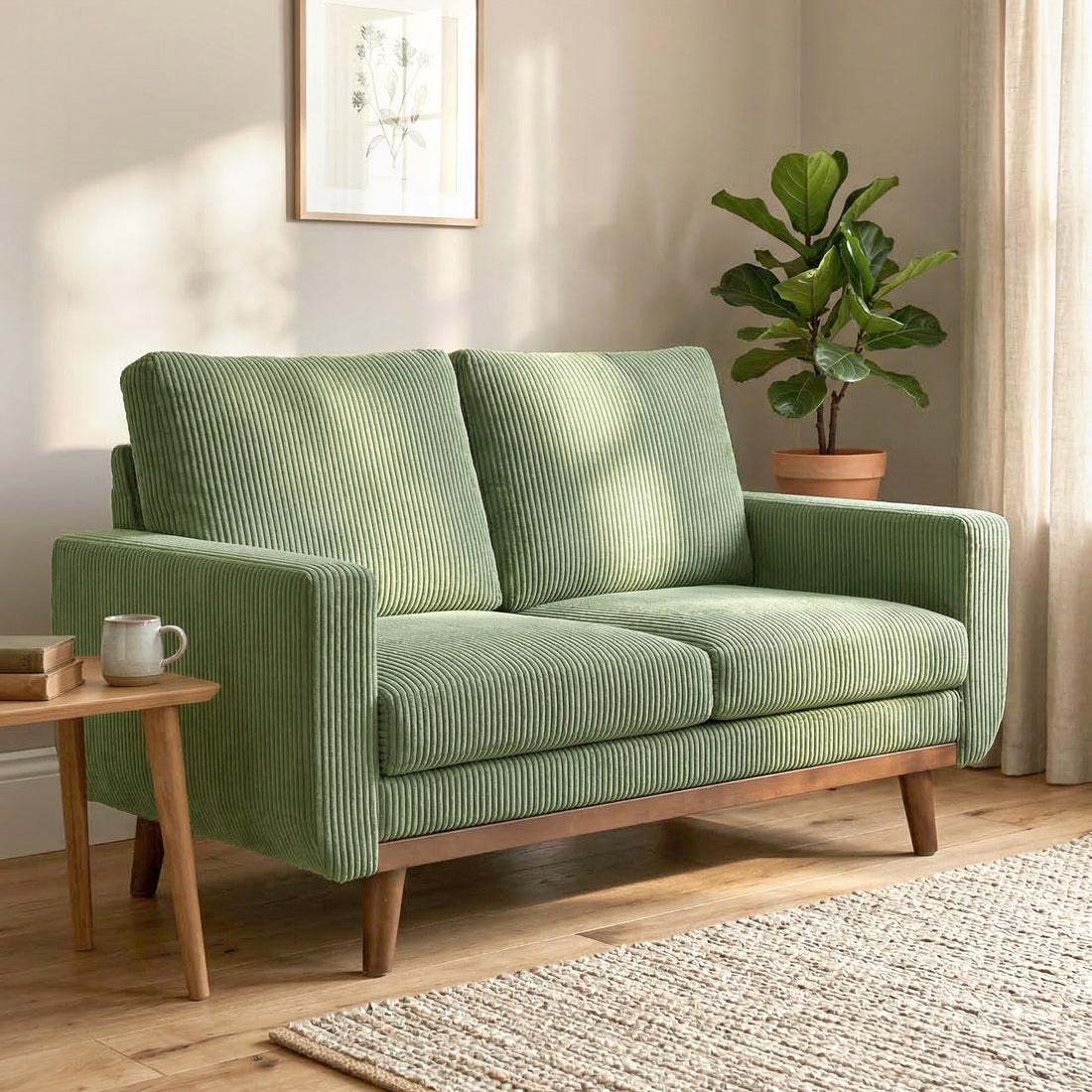 2-zitsbank Cord met Pocketvering | Kleur: Groen | Afmetingen: 134x74x84 cm