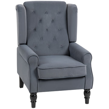 Oorfauteuil relaxstoel met knoophechting en houten poten | Kleur: Grijs | Afmetingen: 74x86x102 cm