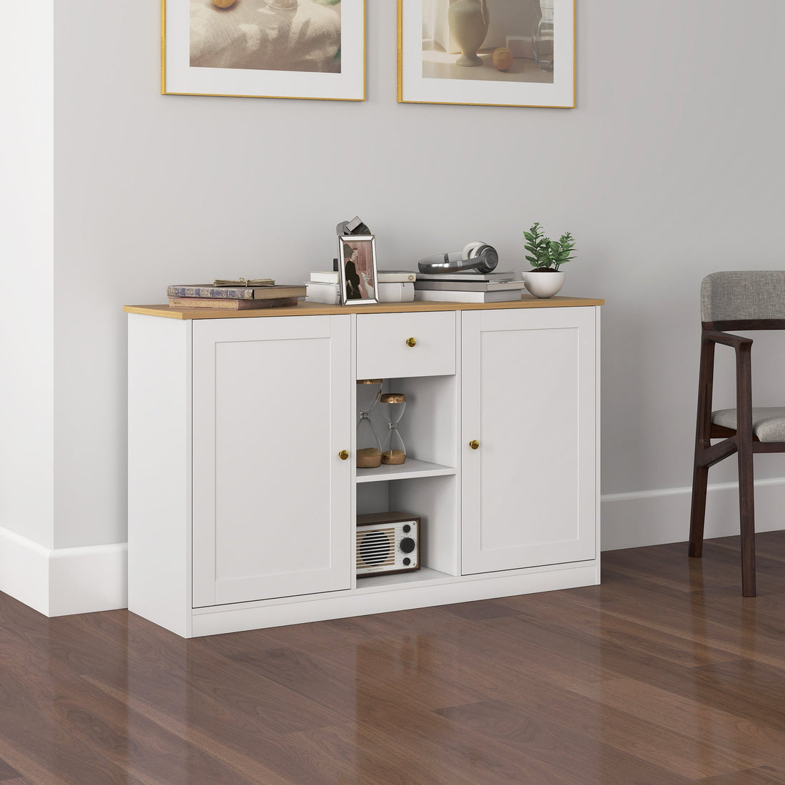 Dressoir met lade en open vakken | Kleur: Wit en bruin | Afmetingen: 120x35x75,2 cm