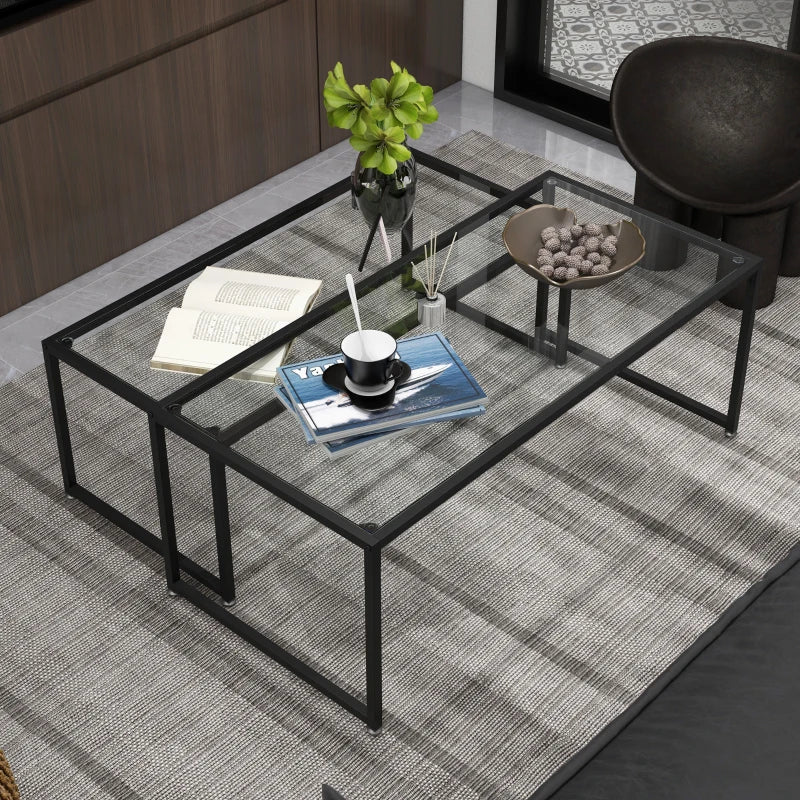Set med 2 soffbord med glasskiva | Färg: Svart | Mått: 56x119x44.5 cm