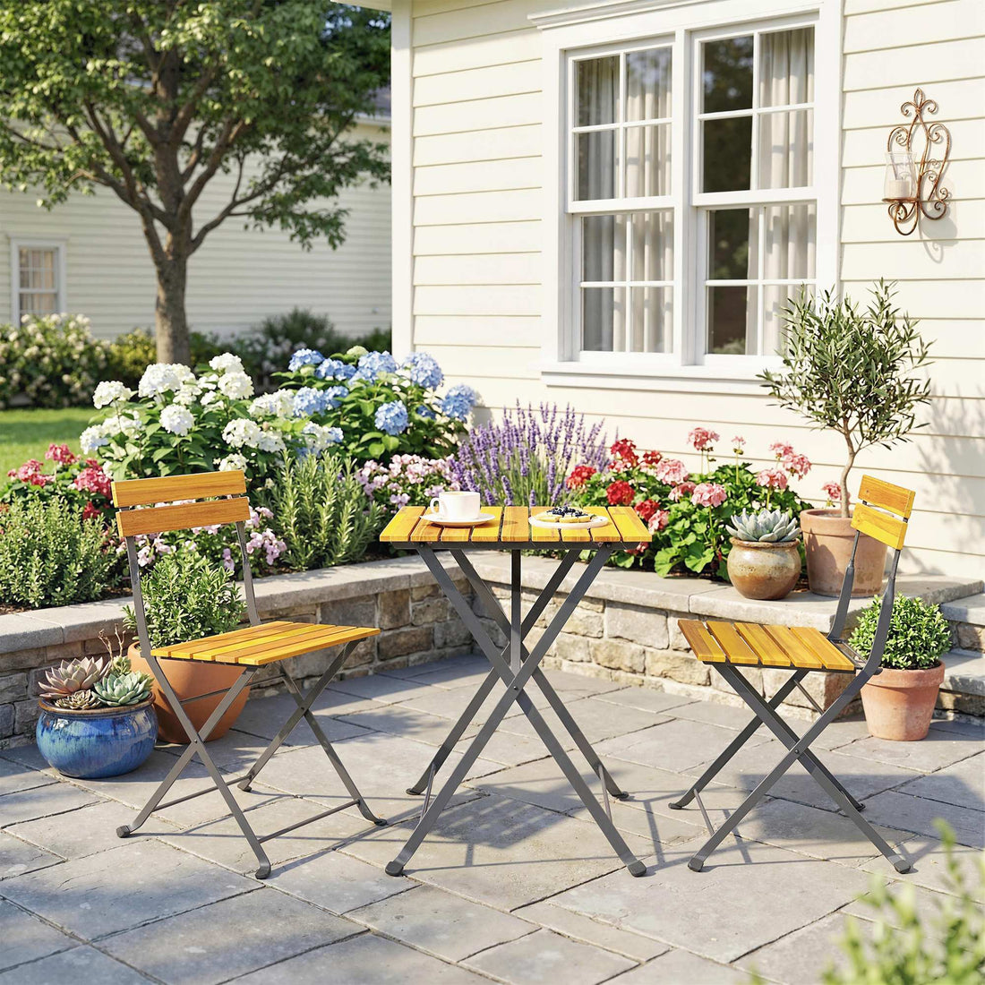 3-delige bistroset - Klaptafel met 2 klapstoelen | Kleur: Teak | Afmetingen: 45x39x79 cm