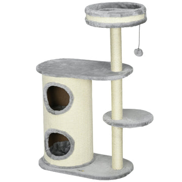 Kattenkrabpaal met sisal, ligplateaus en kattenbed | Kleur: Grijs | Afmetingen: 35x59x100 cm