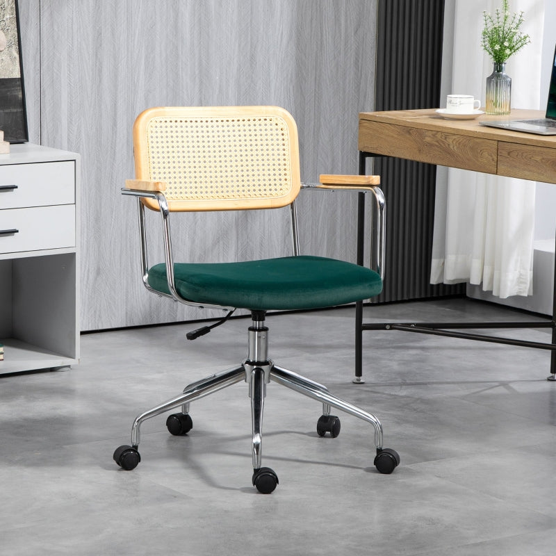 Boho bureaustoel met rattan rugleuning | Kleur: Groen | Afmetingen: 57x57x80-88 cm