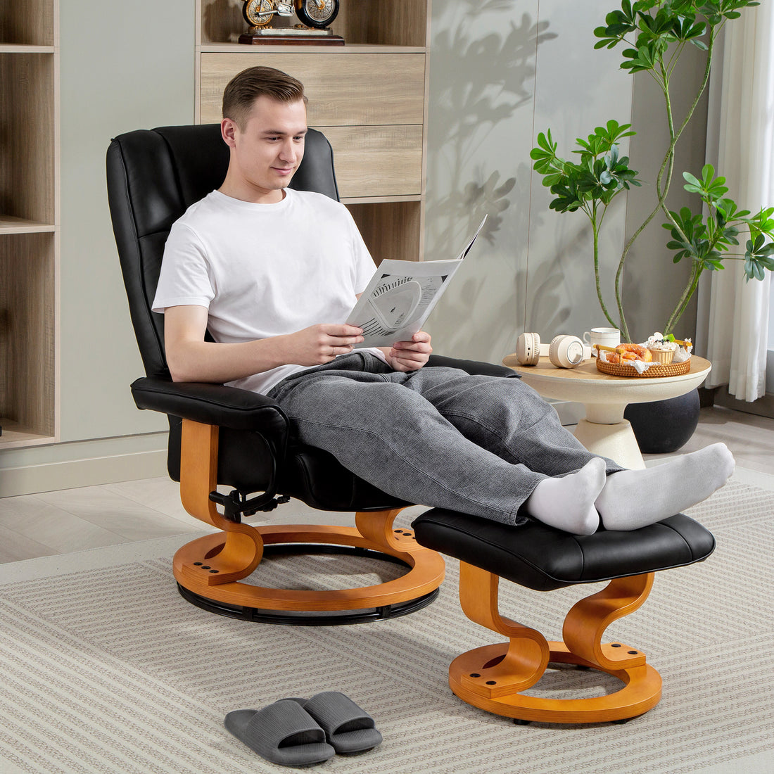 Relax-Sessel mit Hocker | Farbe: Schwarz | Maße: 76x85x104 cm