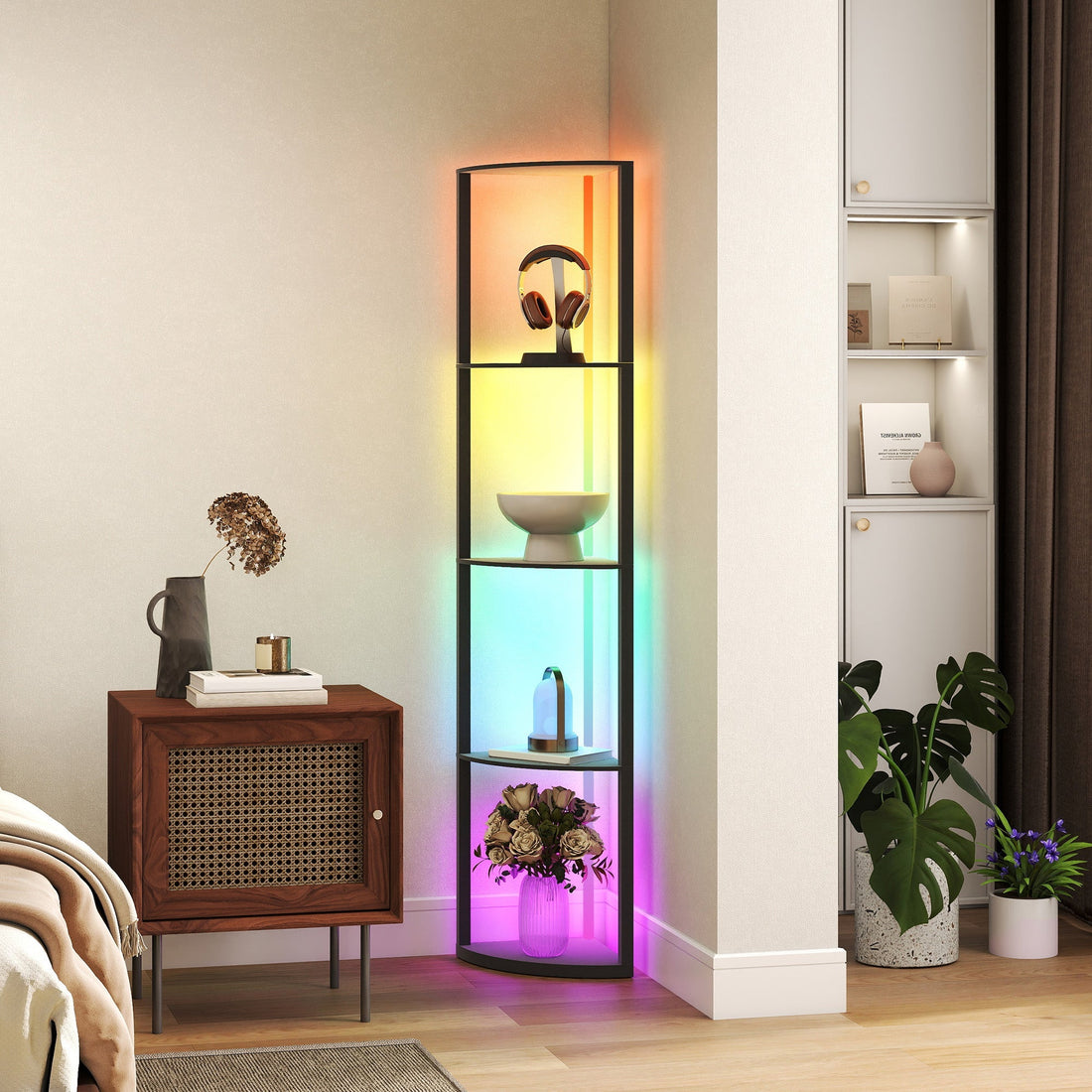 LED-vloerlamp met plank en afstandsbediening | Kleur: Zwart | Afmetingen: 29.5x42x163 cm