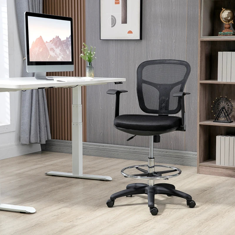 Tekeningstoel met voetsteun - Ergonomische bureaustoel | Kleur: Zwart | Afmetingen: 59x59x95-115 cm