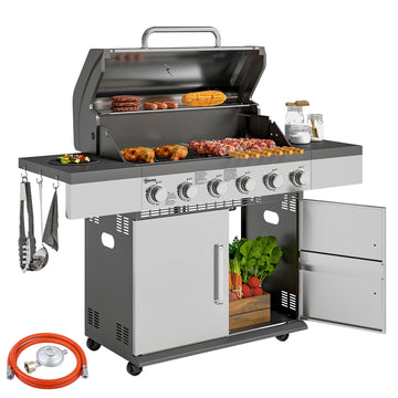 Gasbarbecue 6-pits met grillwagen en thermometer | Kleur: Zilver | Afmetingen: 55x143x110 cm