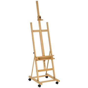 Verstelbare schildersezel op wielen | Kleur: Natuurlijk hout | Afmetingen: 50.5x53x178-238 cm