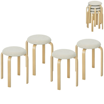 4 stapelbare gestoffeerde krukken | Kleur: Wit + Bruin | Afmetingen: 40x40x45 cm