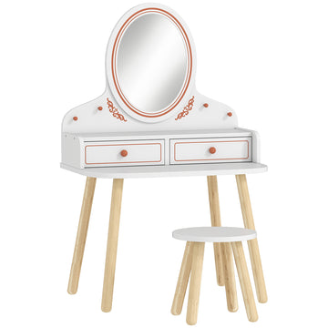 Kinderkaptafel met spiegel en krukje, 2 laden | Kleur: Wit | Afmetingen: 38x56x87,8 cm