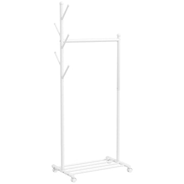 Mobiel kledingrek met schoenenrek, 5 haken en wielen | Kleur: Wit | Afmetingen: 43x68x171 cm