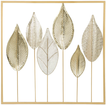 Gouden metalen wanddecoratie met bladmotief | Kleur: Goud | Afmetingen: 2.5x70x70 cm