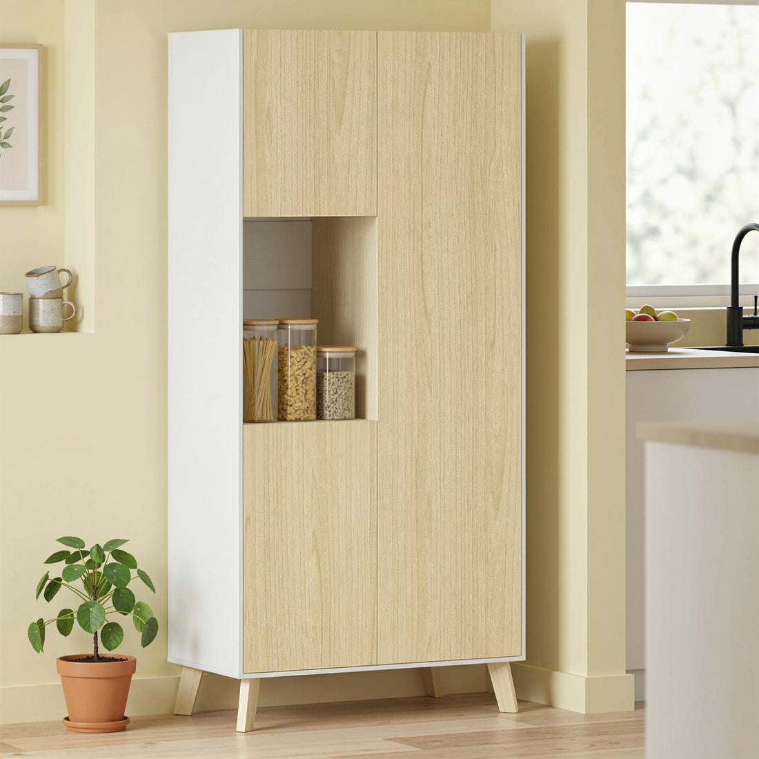 Keukenkast met open vak en verstelbare planken | Kleur: Natuurhout | Afmetingen: 80x40x170 cm