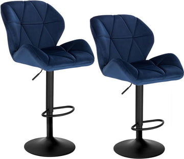 2 verstelbare barkrukken met rugleuning en draaibare fluwelen zitting | Blauw | 50x40x94-116 cm