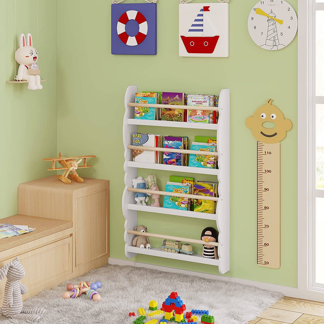Bücherregal Wandregal Kiefernholz und E1 MDF mit 4 Fächern | Weiß | 60x14,5x98 cm