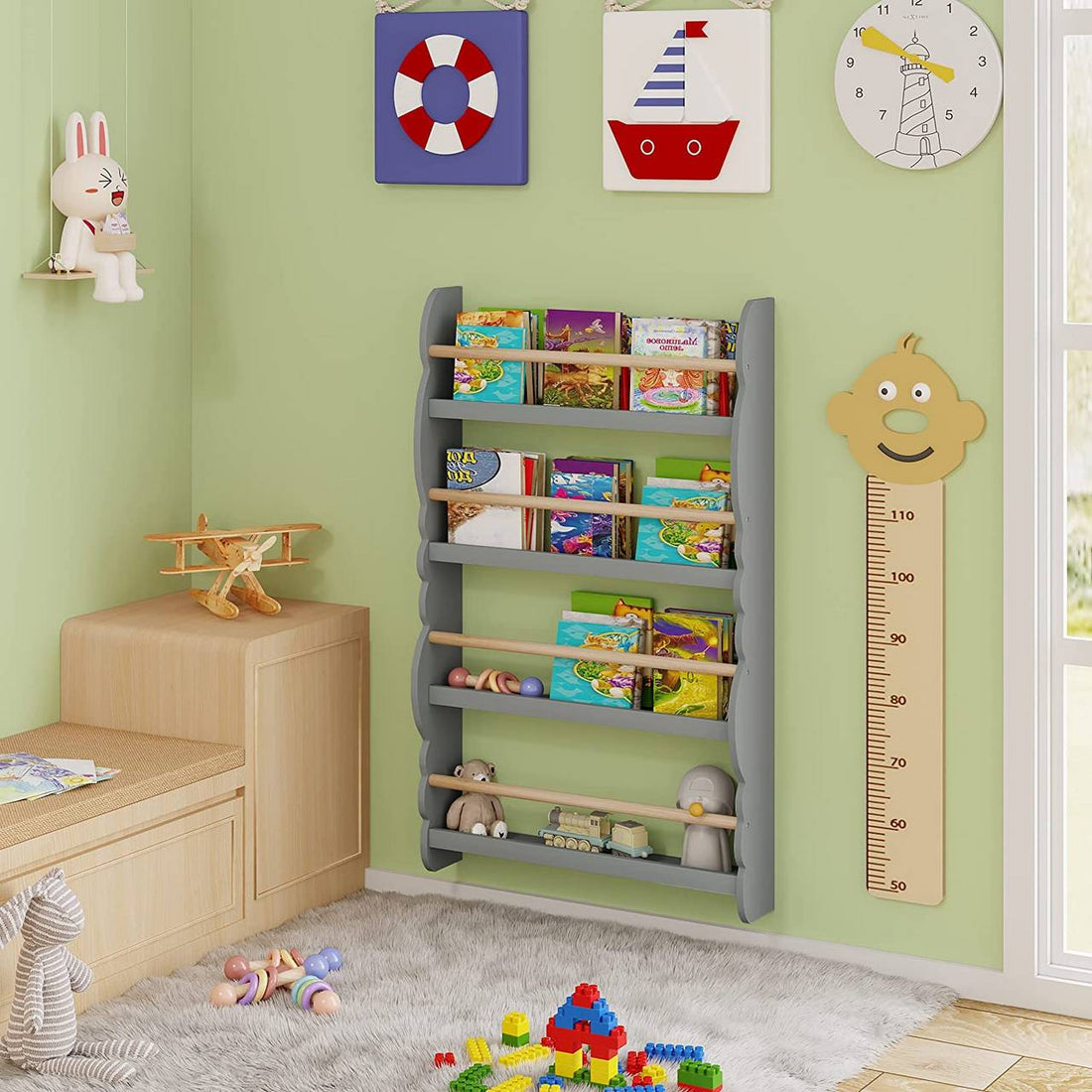 Barnbokhylla vägghylla i trä med 4 fack | Grå | 60x14,5x98 cm