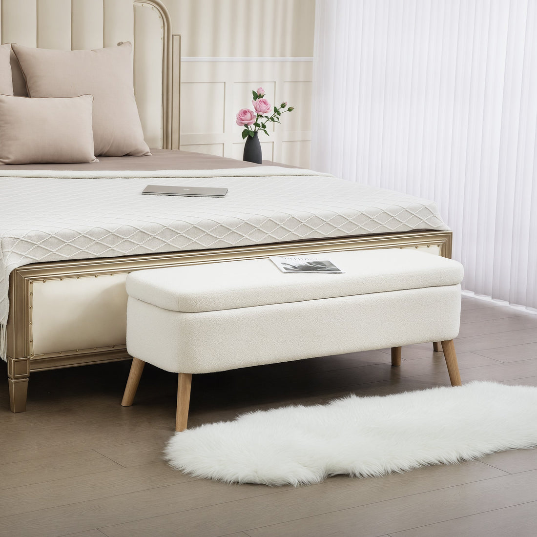 Sitzbank – Sitzbank mit 65 Litern Stauraum | Farbe: Weiß | Abmessungen: 120x42x45 cm