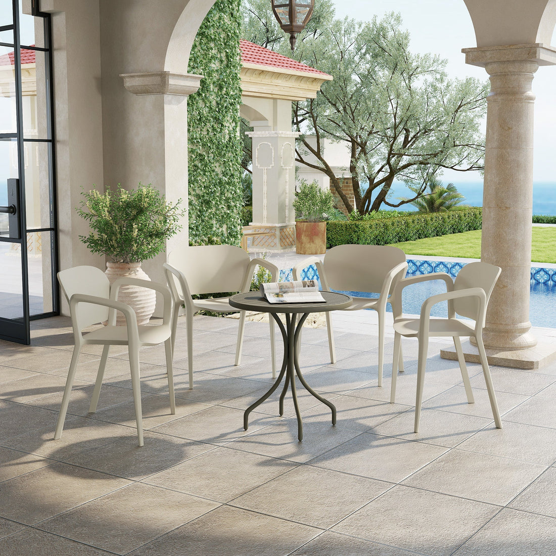 4-delige set stapelbare tuinstoelen met armleuningen | Kleur: Wit | Afmetingen: 56x60x75 cm