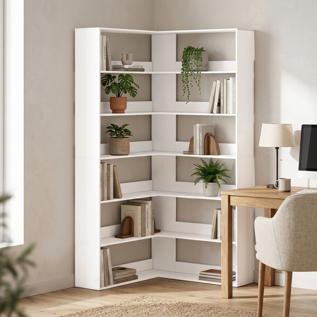 L-vormige boekenkast met 7 niveaus | Kleur: Wit | Afmetingen: 90x90x180 cm