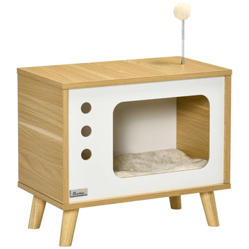 Kattenhuis in tv-vorm met kussen | Kleur: eiken/beige/wit | Afmetingen: 50x28x43 cm