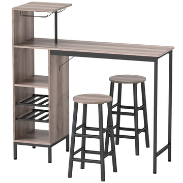 Bartafelset met 2 barkrukken en wijnrek | Kleur: Grijs | Afmetingen: 121,5x40x122 cm