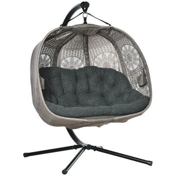 Hangstoel 2-persoons met frame en kussens | Kleur: Zwart+Zand | Afmetingen: 126x132x172 cm