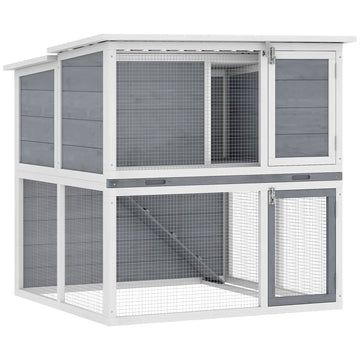 Konijnenhok 2 etages met ren en ramp | Kleur: Grijs | Afmetingen: 95x98x102,5 cm