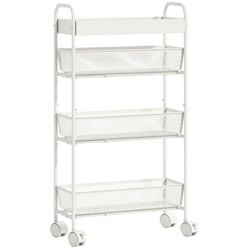 Keukentrolley met 3 manden - Smalle opberger | Kleur: Wit | Afmetingen: 19x43.2x80 cm