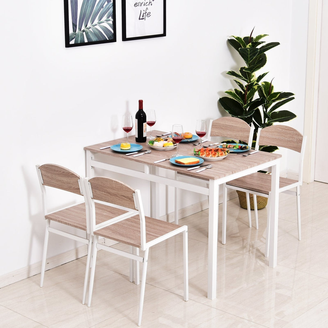 Eetkamerset 4 stoelen + tafel | Kleur: houtnerf + wit | Afmetingen: 70x110x76 cm