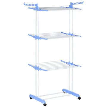 Wasrek op wielen - 4 etages, 14 haken | Kleur: Blauw+Wit | Afmetingen: 64x73x177 cm