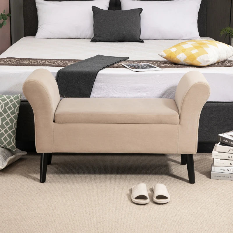 Fluwelen opbergbankje met armleuningen | Kleur: Beige | Afmetingen: 111.5x41x65 cm
