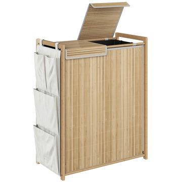 Bamboe wasmand 120 L met deksel en opbergvakken | Kleur: Naturel | Afmetingen: 33x63x78 cm