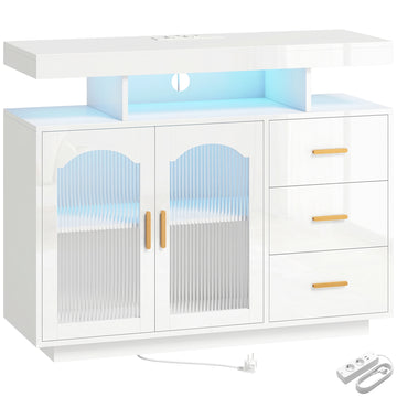 Sideboard met LED, stopcontacten en 3 laden | Kleur: Wit | Afmetingen: 100x35x80 cm