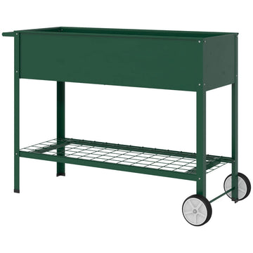 Verhoogde plantenbak met legplank en wielen | Kleur: Groen | Afmetingen: 44x109x80 cm